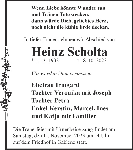 Traueranzeige von Heinz Scholta von Lausitzer Rundschau