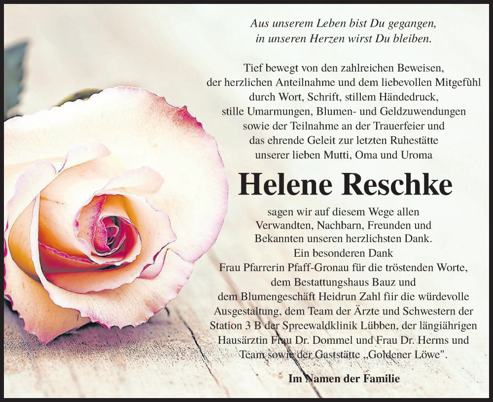  Traueranzeige für Helene Reschke vom 14.10.2023 aus Lausitzer Rundschau