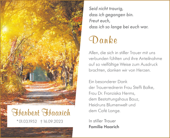 Traueranzeige von Herbert Haarich von Lausitzer Rundschau