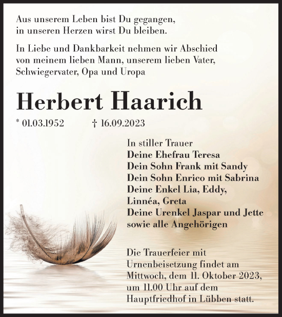 Traueranzeige von Herbert Haarich von Lausitzer Rundschau