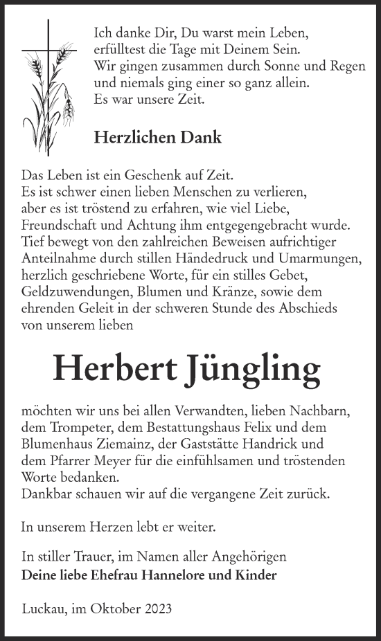 Traueranzeige von Herbert Jüngling von Lausitzer Rundschau