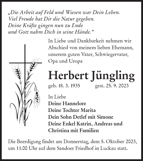 Traueranzeige von Herbert Jüngling von Lausitzer Rundschau