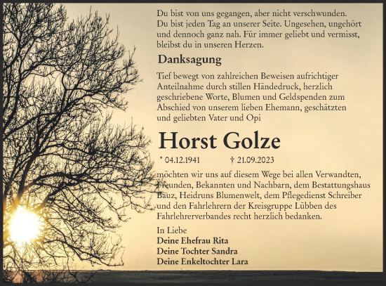 Traueranzeige von Horst Golze von Lausitzer Rundschau