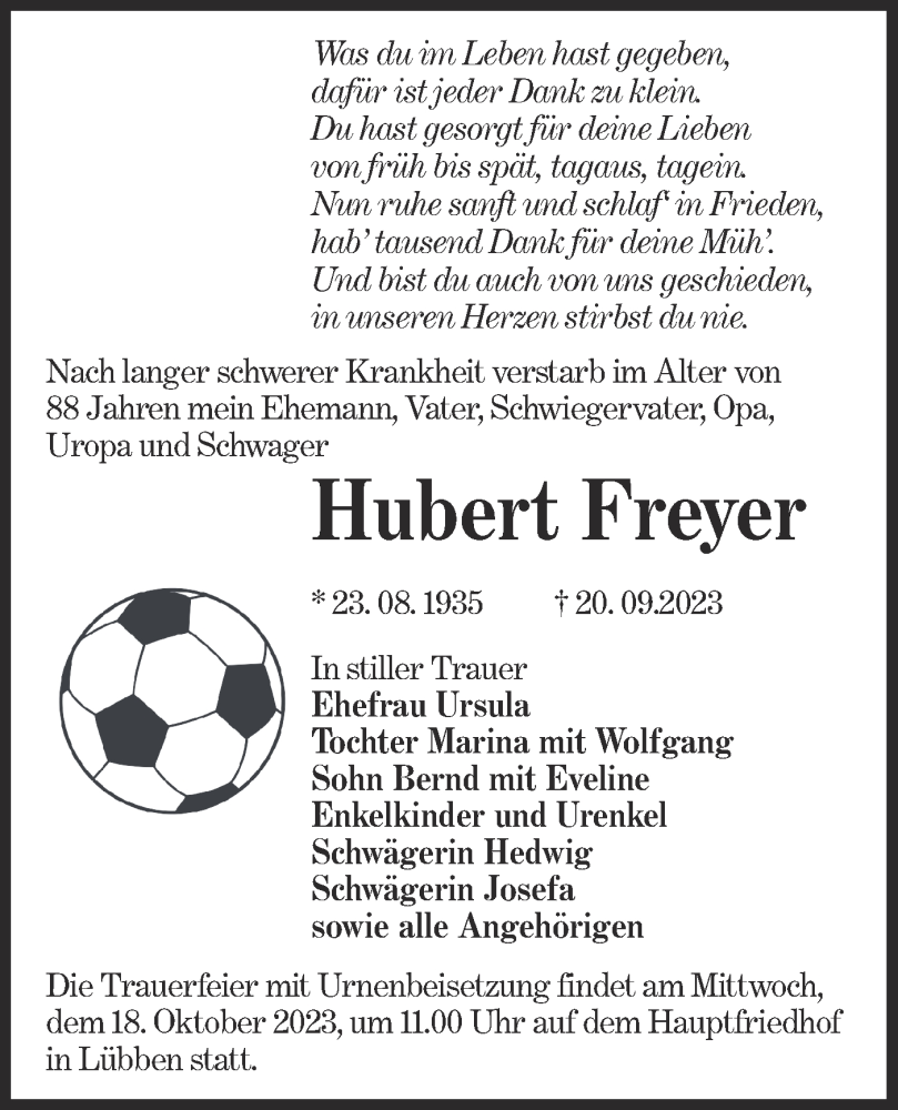  Traueranzeige für Hubert Freyer vom 07.10.2023 aus Lausitzer Rundschau
