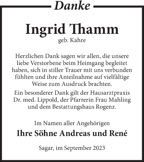Traueranzeige von Ingrid Thamm von Lausitzer Rundschau
