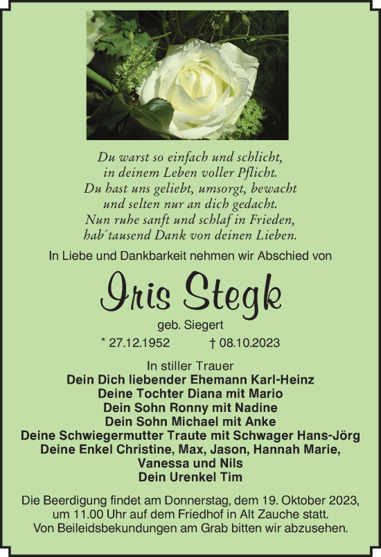 Traueranzeige von Iris Stegk von Lausitzer Rundschau
