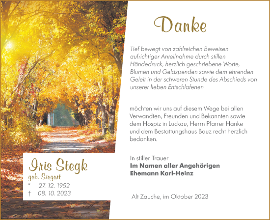 Traueranzeige von Iris Stegk von Lausitzer Rundschau