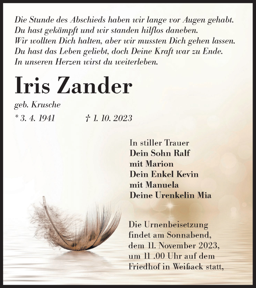  Traueranzeige für Iris Zander vom 14.10.2023 aus Lausitzer Rundschau