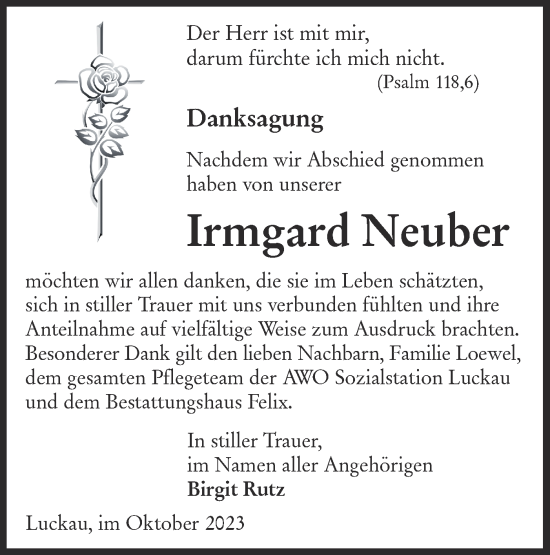 Traueranzeige von Irmgard Neuber von Lausitzer Rundschau