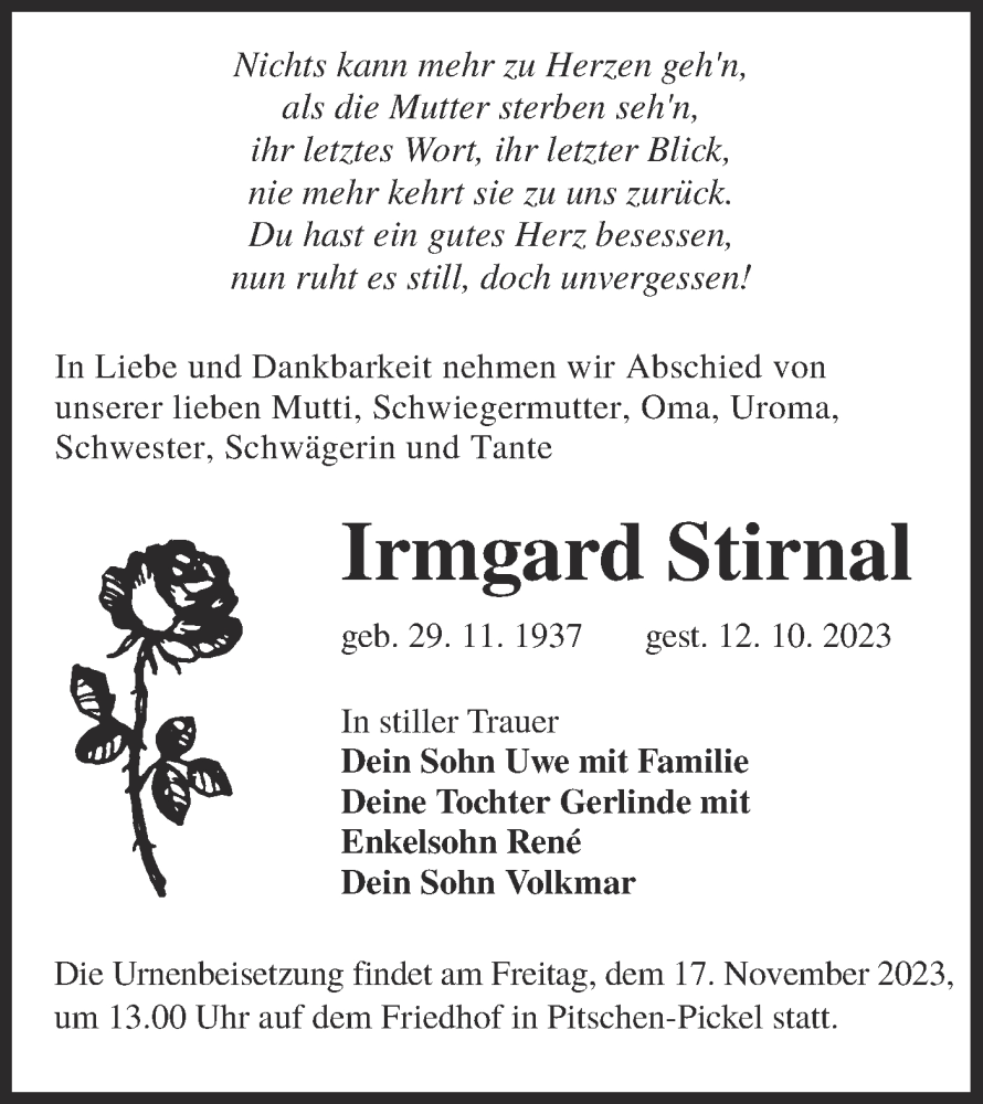  Traueranzeige für Irmgard Stirnal vom 21.10.2023 aus Lausitzer Rundschau
