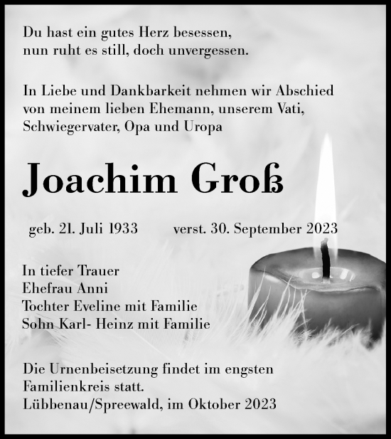 Traueranzeige von Joachim Groß von Lausitzer Rundschau