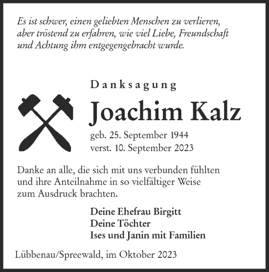 Traueranzeige von Joachim Kalz von Lausitzer Rundschau
