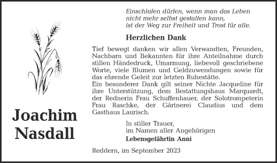 Traueranzeige von Joachim Nasdall von Lausitzer Rundschau