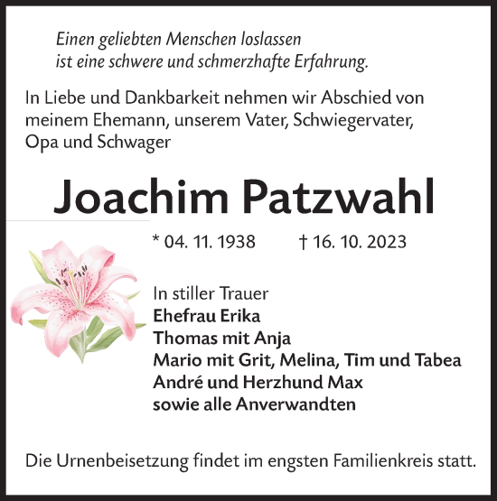Traueranzeige von Joachim Patzwahl von Lausitzer Rundschau