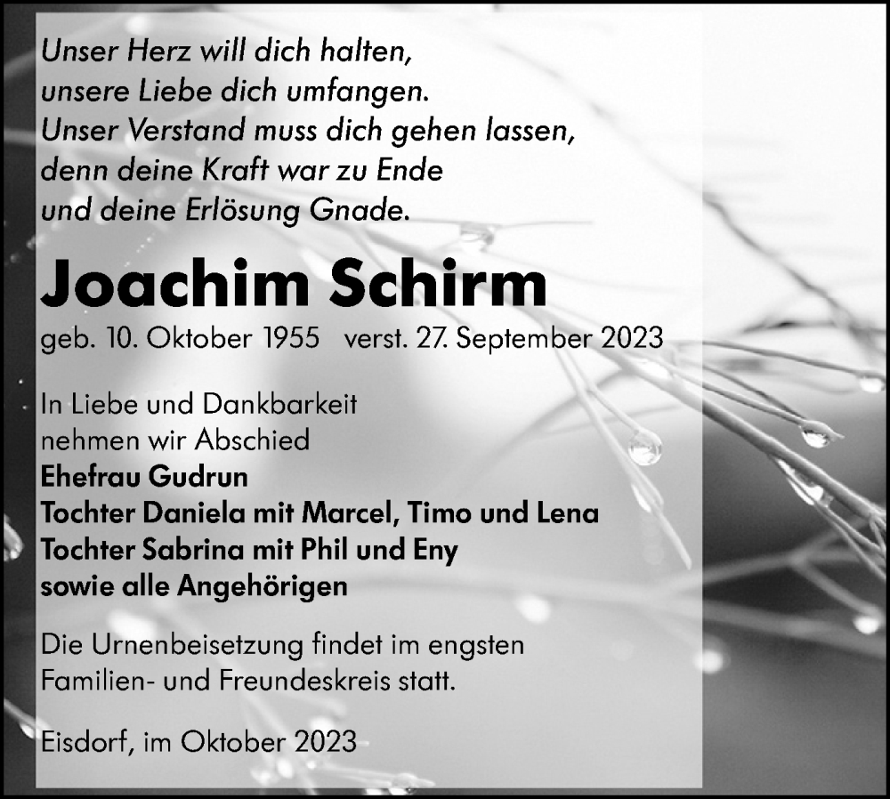  Traueranzeige für Joachim Schirm vom 07.10.2023 aus Lausitzer Rundschau