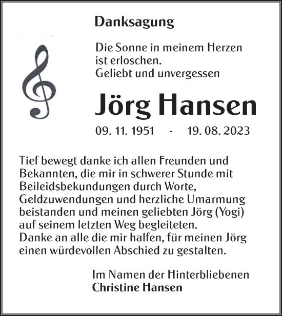 Traueranzeige von Jörg Hansen von Lausitzer Rundschau
