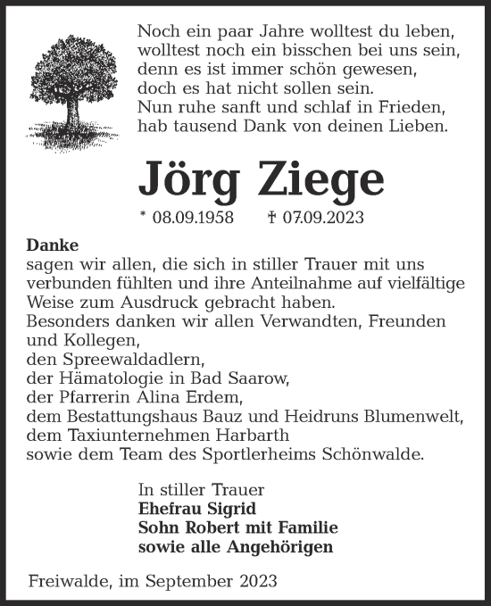 Traueranzeige von Jörg Ziege von Lausitzer Rundschau
