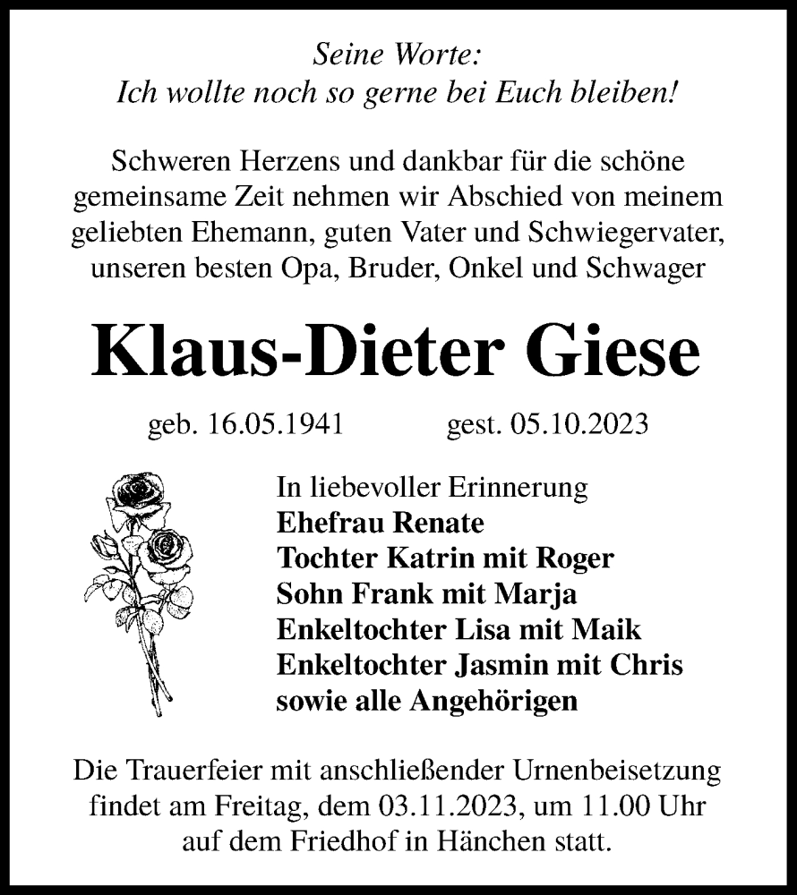  Traueranzeige für Klaus-Dieter Giese vom 14.10.2023 aus Lausitzer Rundschau