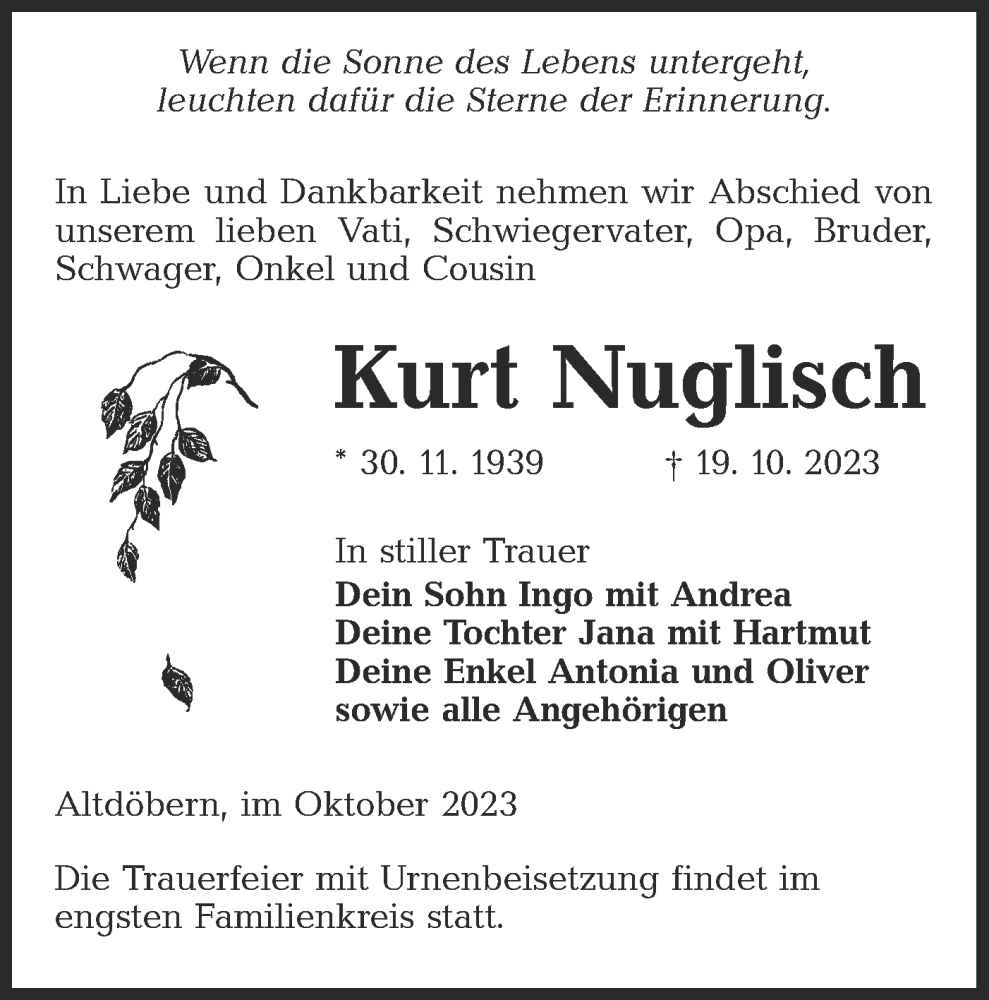  Traueranzeige für Kurt Nuglisch vom 28.10.2023 aus Lausitzer Rundschau