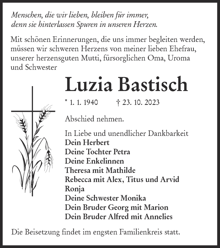  Traueranzeige für Luzia Bastisch vom 28.10.2023 aus Lausitzer Rundschau