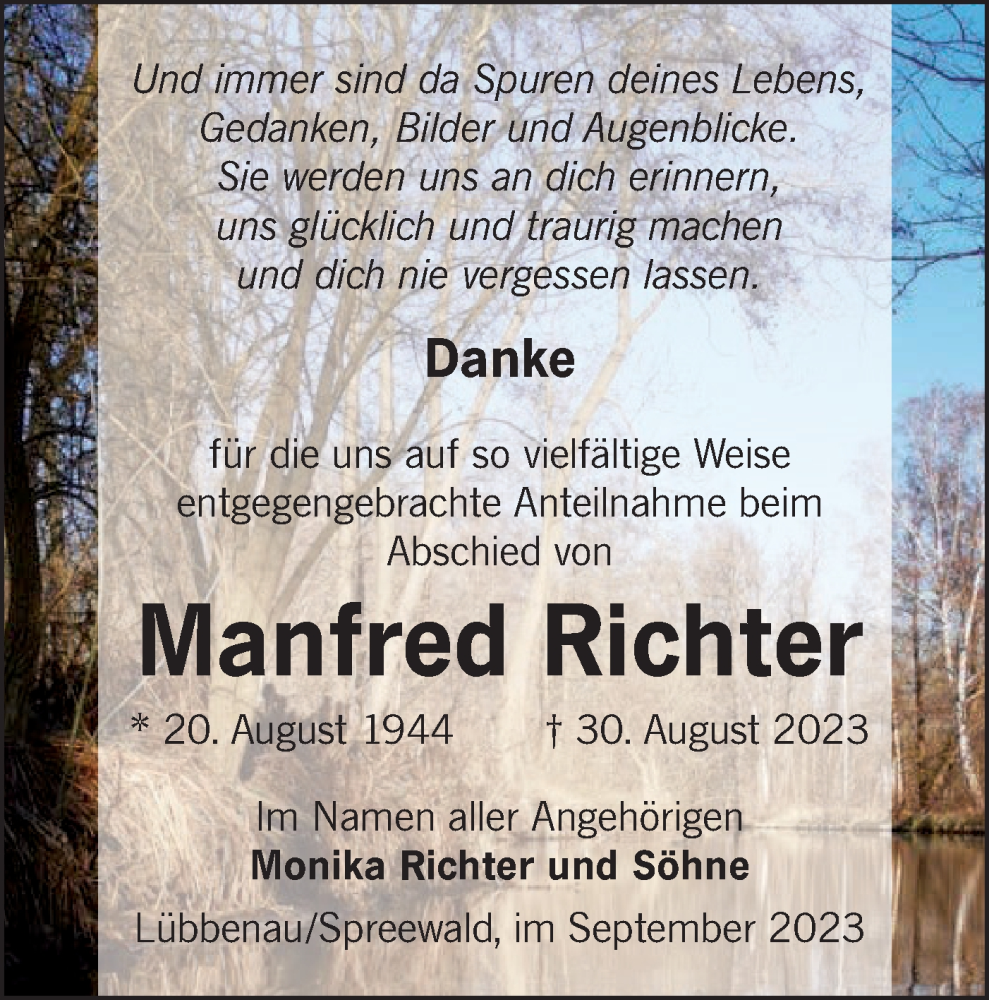  Traueranzeige für Manfred Richter vom 30.09.2023 aus Lausitzer Rundschau