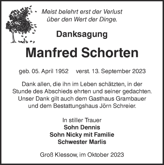Traueranzeige von Manfred Schorten von Lausitzer Rundschau