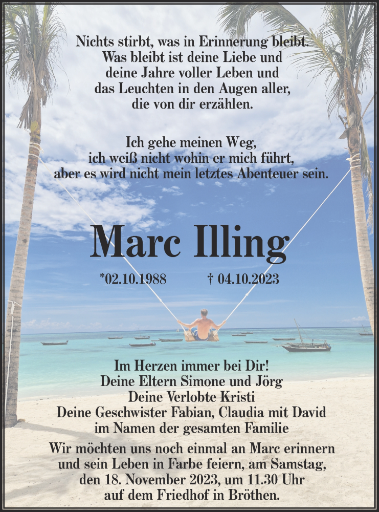  Traueranzeige für Marc Illing vom 28.10.2023 aus Lausitzer Rundschau