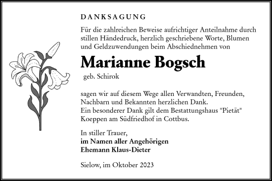 Traueranzeige von Marianne Bogsch von Lausitzer Rundschau