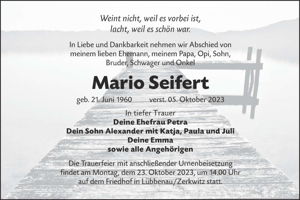  Traueranzeige für Mario Seifert vom 14.10.2023 aus Lausitzer Rundschau