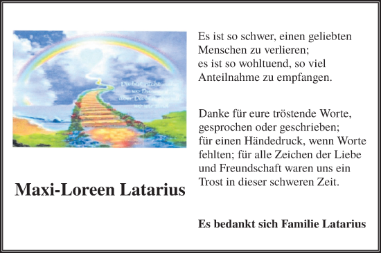 Traueranzeige von Maxi-Loreen Latarius von Lausitzer Rundschau