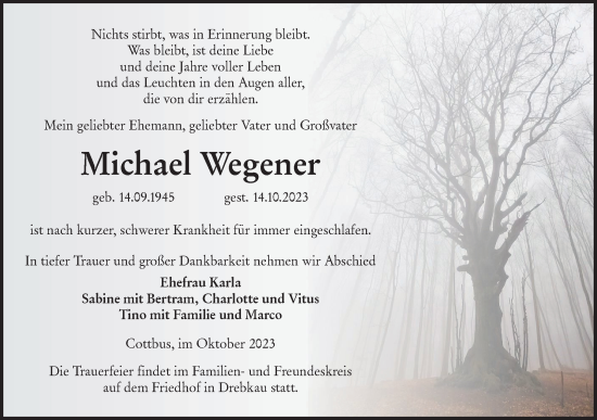 Traueranzeige von Michael Wegener von Lausitzer Rundschau