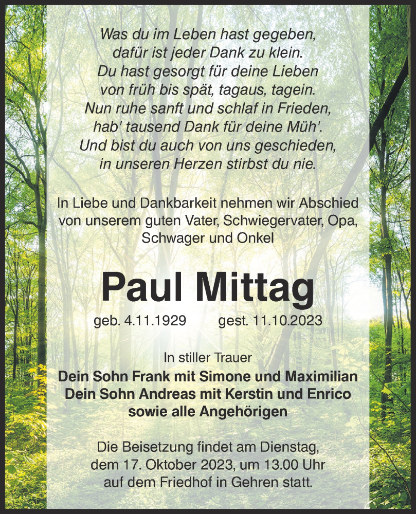  Traueranzeige für Paul Mittag vom 14.10.2023 aus Lausitzer Rundschau