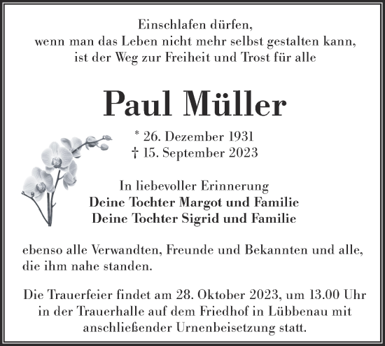 Traueranzeige von Paul Müller von Lausitzer Rundschau