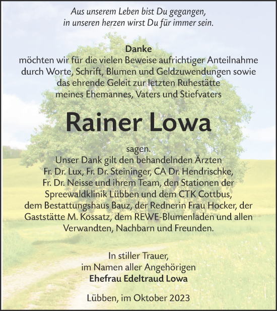 Traueranzeige von Rainer Lowa von Lausitzer Rundschau