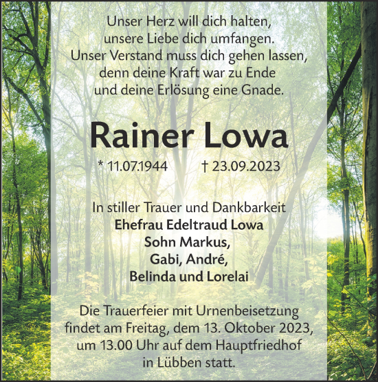 Traueranzeige von Rainer Lowa von Lausitzer Rundschau