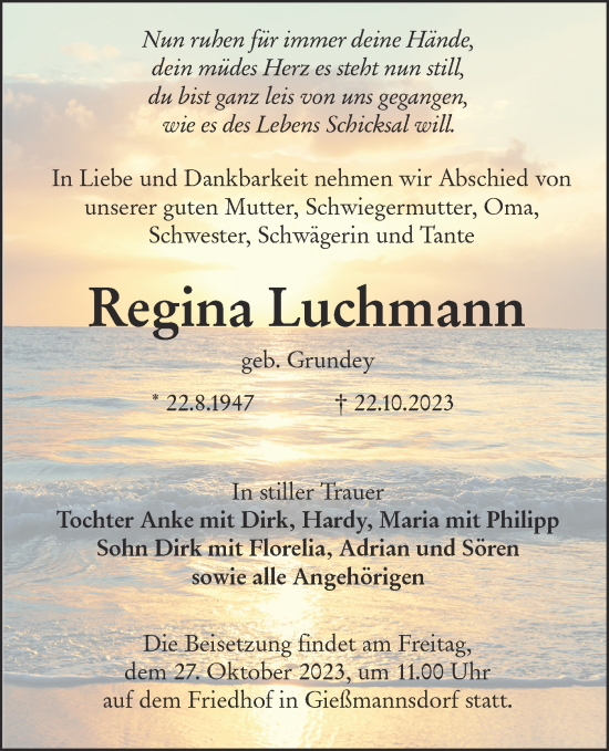 Traueranzeige von Regina Luchmann von Lausitzer Rundschau