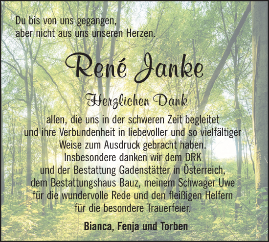 Traueranzeige von René Janke von Lausitzer Rundschau