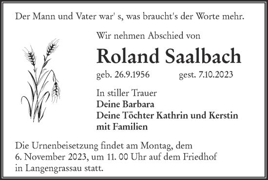 Traueranzeige von Roland Saalbach von Lausitzer Rundschau