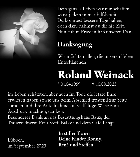 Traueranzeige von Roland Weinack von Lausitzer Rundschau