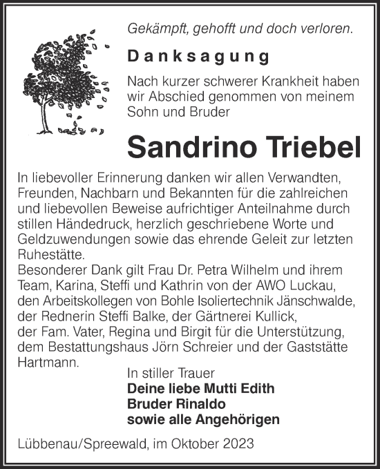 Traueranzeige von Sandrino Triebel von Lausitzer Rundschau