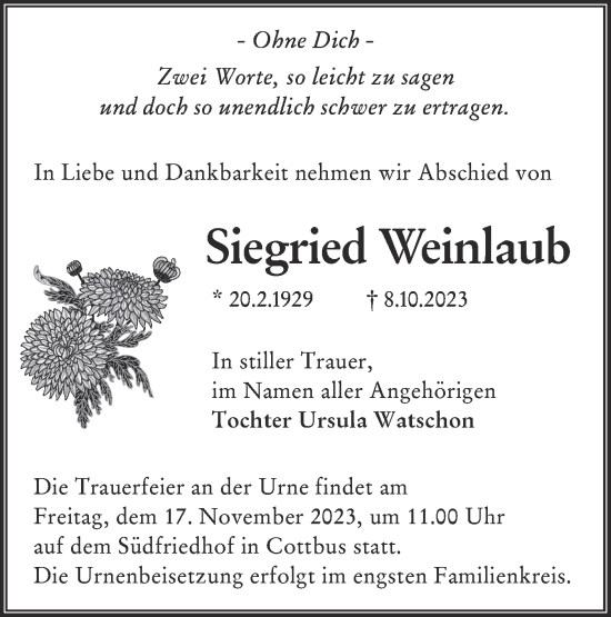 Traueranzeige von Siegried Weinlaub von Lausitzer Rundschau