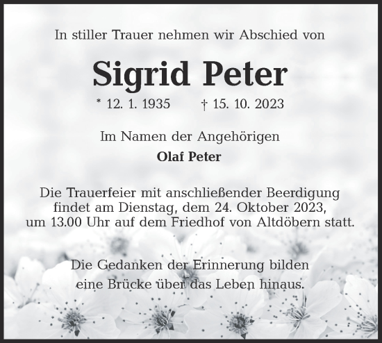 Traueranzeige von Sigrid Peter von Lausitzer Rundschau
