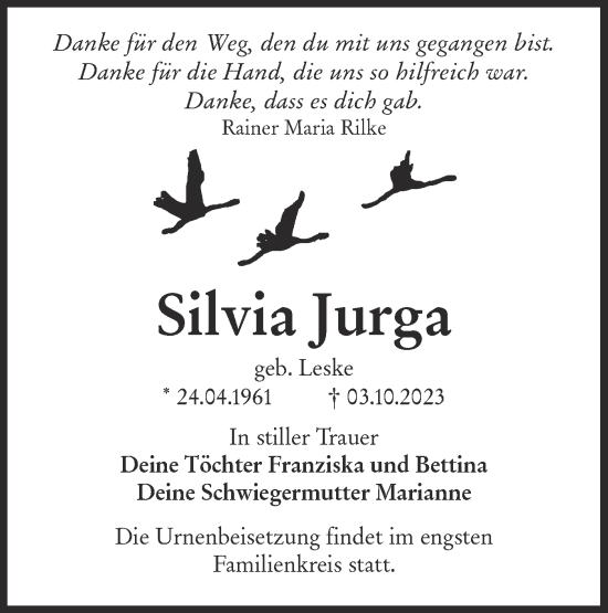 Traueranzeige von Silvia Jurga von Lausitzer Rundschau