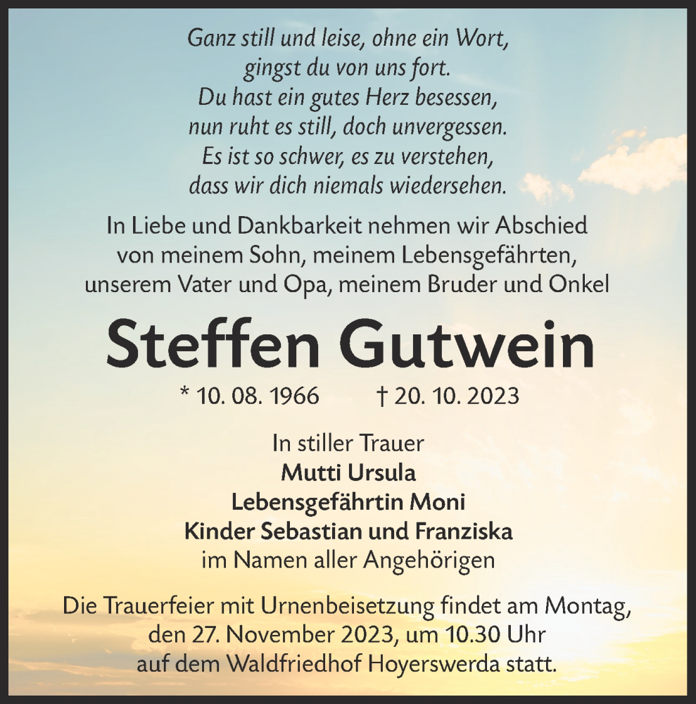  Traueranzeige für Steffen Gutwein vom 28.10.2023 aus Lausitzer Rundschau