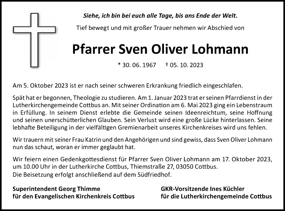  Traueranzeige für Sven Oliver Lohmann vom 14.10.2023 aus Lausitzer Rundschau