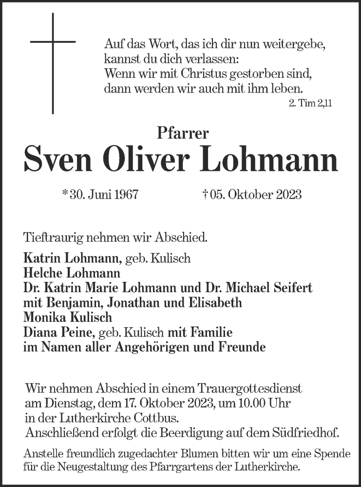  Traueranzeige für Sven Oliver Lohmann vom 14.10.2023 aus Lausitzer Rundschau