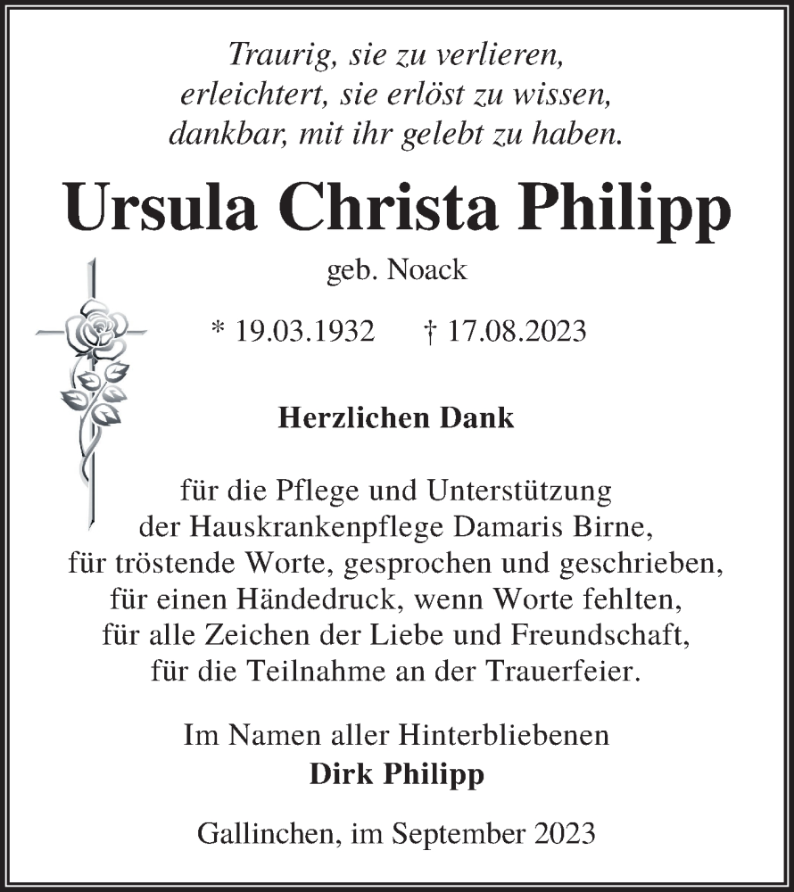  Traueranzeige für Ursula Christa Philipp vom 30.09.2023 aus Lausitzer Rundschau