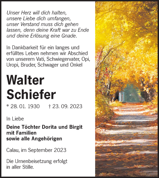 Traueranzeige von Walter Schiefer von Lausitzer Rundschau