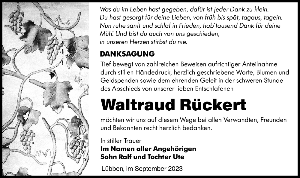  Traueranzeige für Waltraud Rückert vom 07.10.2023 aus Lausitzer Rundschau