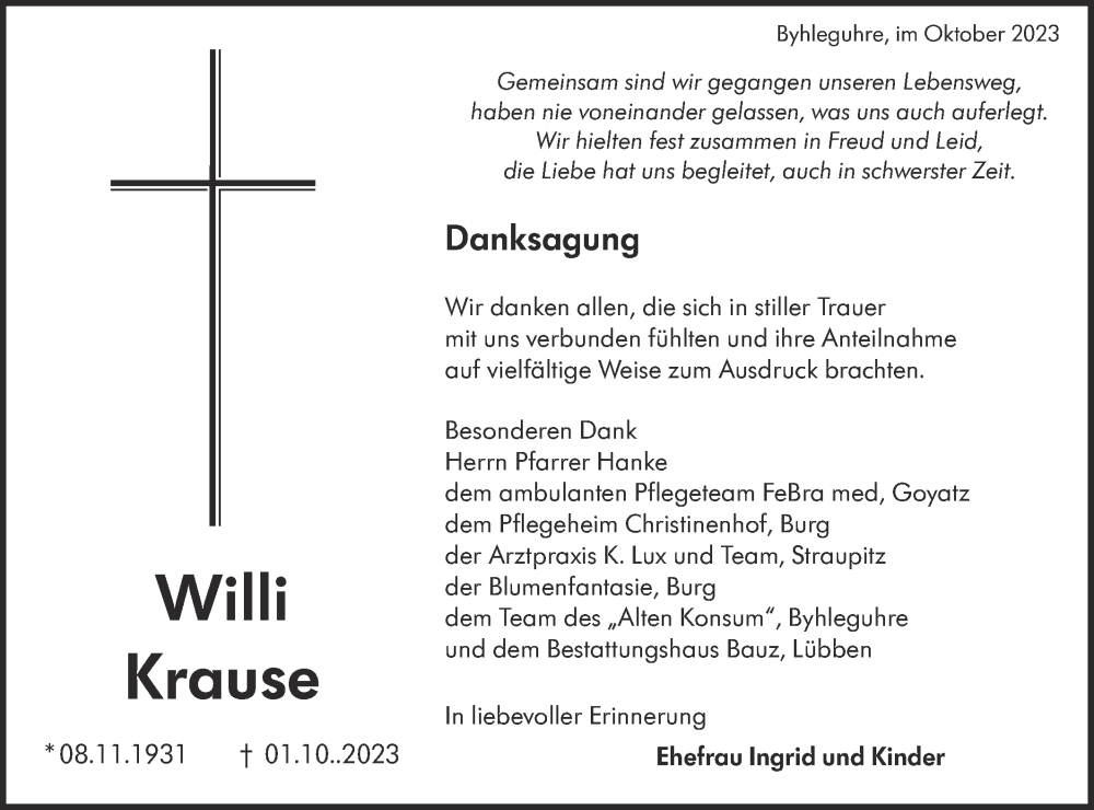  Traueranzeige für Willi Krause vom 21.10.2023 aus Lausitzer Rundschau